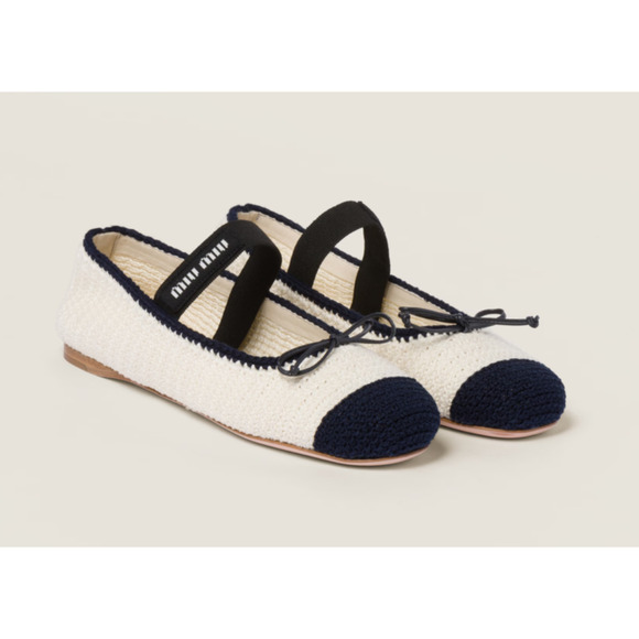 Miu Miu Crochet Knit Black White Bicolor Logo Strap Ballet Ballerina Flats 41.5 - Picture 7 of 16